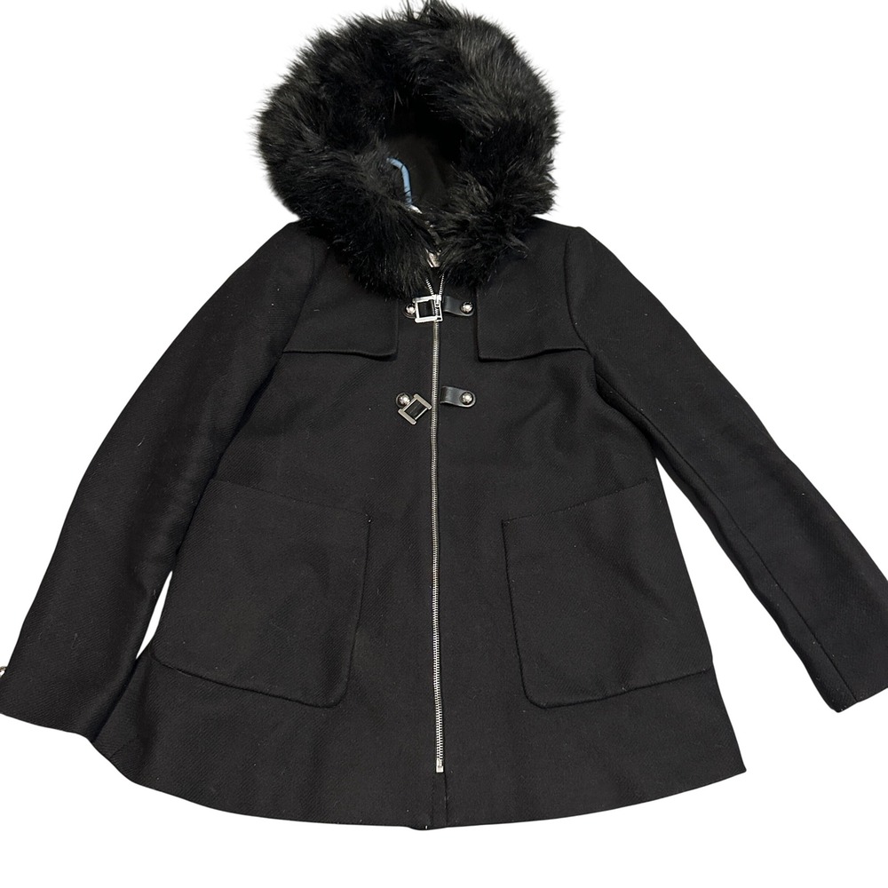 ZARA WOMAN Black Faux Fur Hood Zip‎ Front Coat Jacket Size S